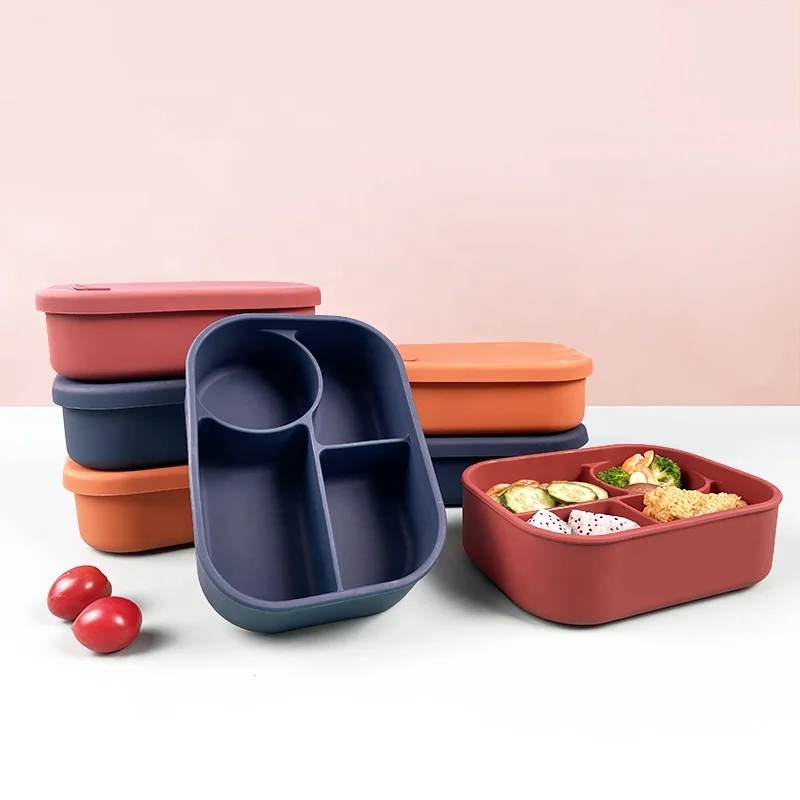 Food Grade Silicone  4 Compartments Silicon Bento LeakProof School Children Kid Silicone Bento Lunchbox Lunch Box With Lid