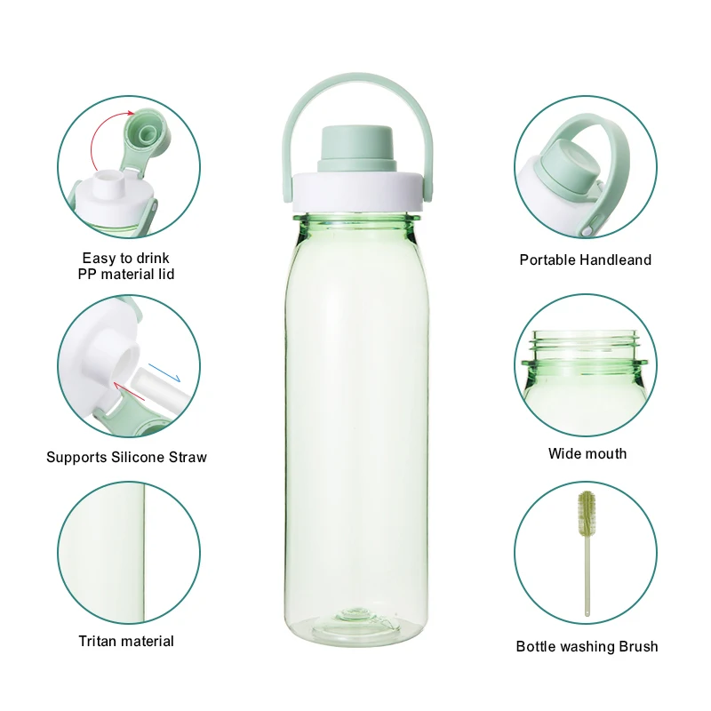 1L Tea Milk Tritan Bottle Plastic Water Bottle Easy to Clean with Supports Silicone Straw and Washing Brush