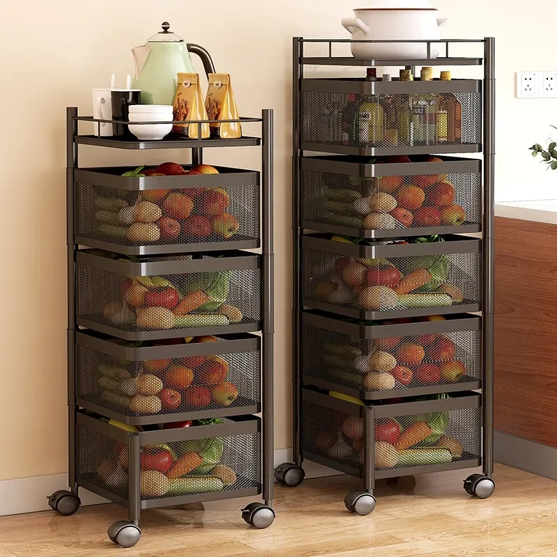 360 degree rotating shelf  fruit and vegetable storage rack  multi-layer wheeled storage rack