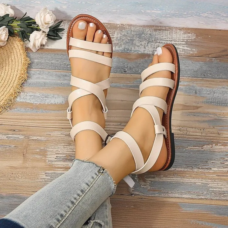 Sandals Plus size Romanesque flat sandals women's cross-strap beach shoes