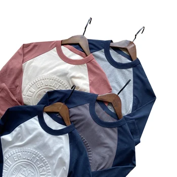 Oem Contrast Color 100% Pima Cotton Custom T Shirts Embossed Long Sleeve In Raglan Sleeves