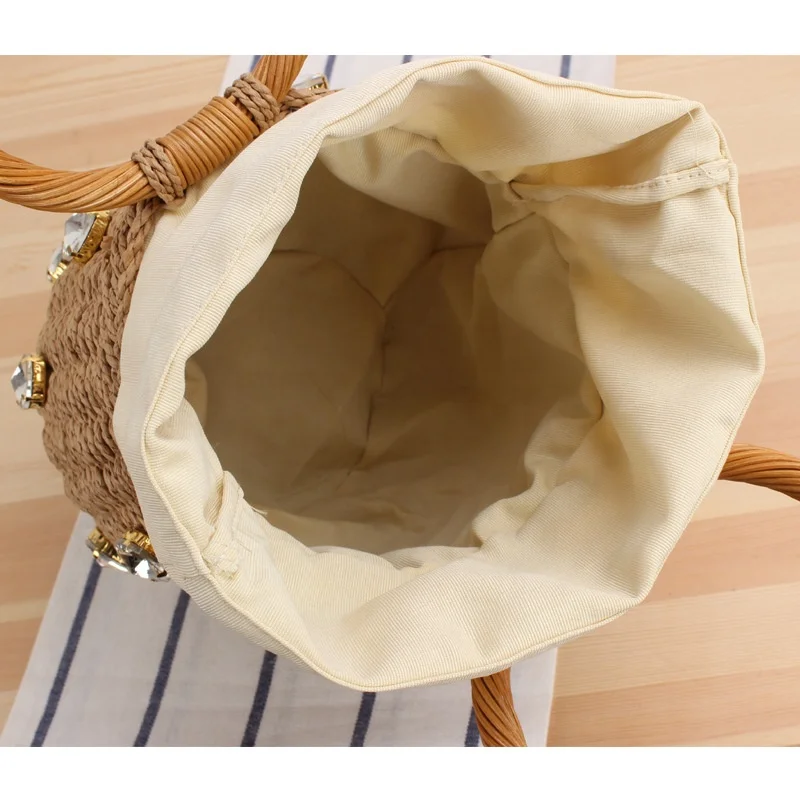 Wrist Bag Artificial Pearl Decorative Basket Bag Braided Belt Drawstring Bracelet Handle Straw Weave Bag