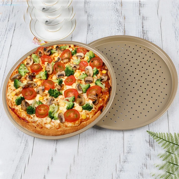 new design gold 10 inch Punched Pizza Plate Grill Plate Grill Plate cake bread oven Punched Pizza pan carbon baking tray