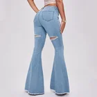 Bell Ripped Jeans Customized High Waist Raw Hem Ripped Bell Bottom Flare Leg Denim Jeans Women