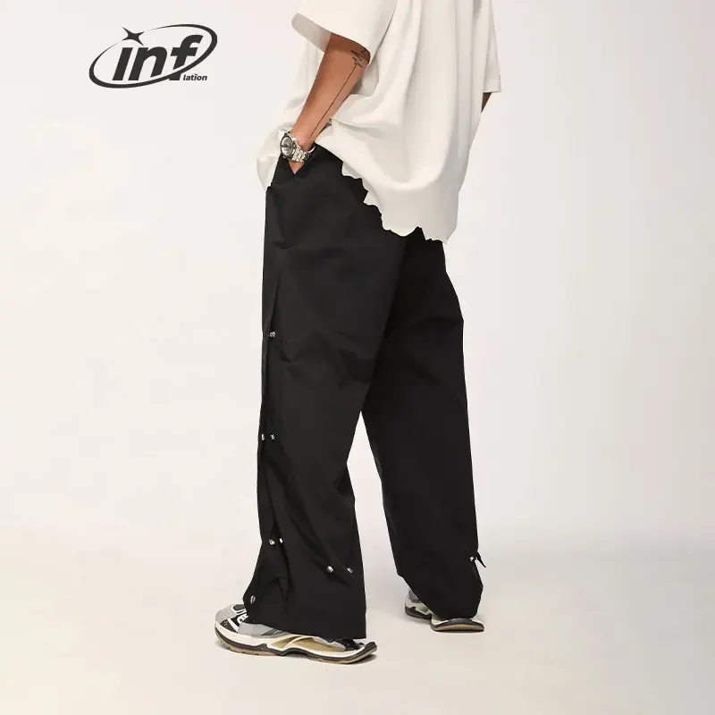 Custom Solid Color Plain Baggy Trousers Button Decorate Straight Streetwear Wide Leg Pants For Men