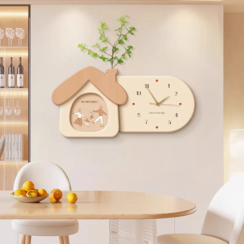 Wooden Family Wall Clock House Shaped Silent Non Ticking With Plant Vase Minimalist Beige Home Decor Living Room Kitchen