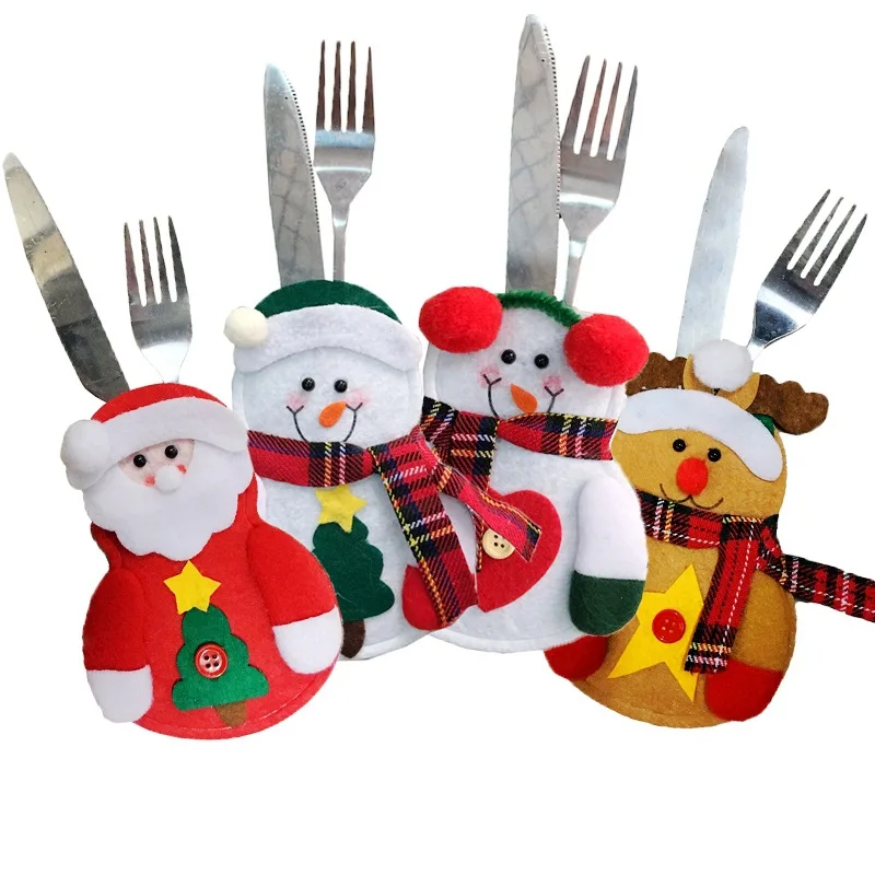 Christmas Santa Snowman Cutlery Holder Bag Cover Pouch Dinner Table Decoration 