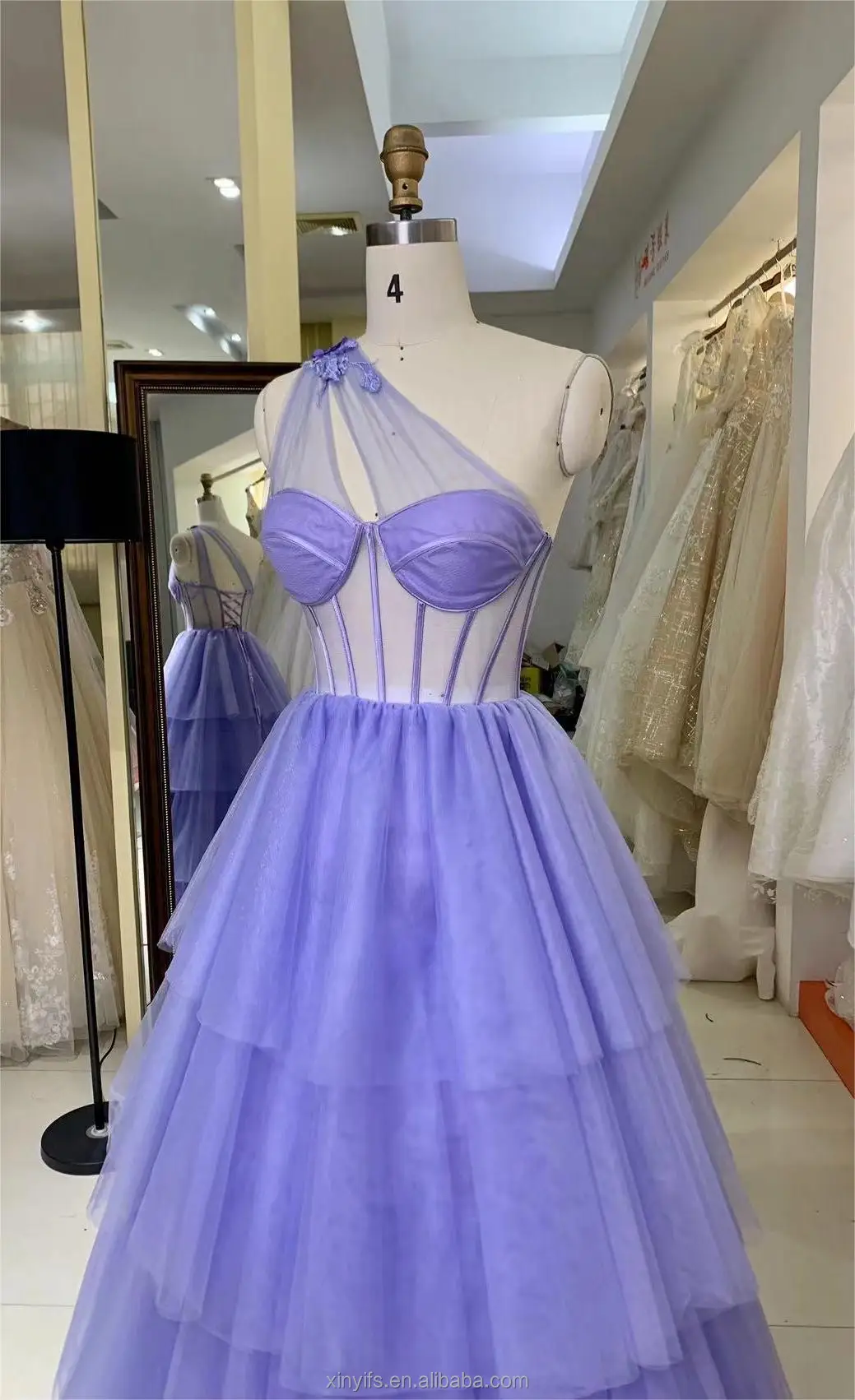 OEM Wholesale Undefined One Shoulder Skirt Prom Dress Fitted Corset Boning Bodice Ruffle A Line Princess