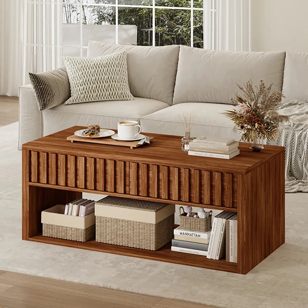 Modern Brown Rectangular Wood Coffee Table with Fluted Style Drawers and Storage Shelves for Living Room Furniture factory