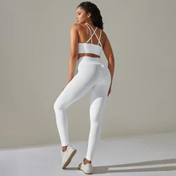 New Seamless activewear cross strap sports running bra 2 pcs deportivo mujer yoga leggings set gym fitness sets for women