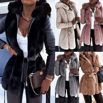 2024 Hot new fur coat women with belt hooded solid color zipper jacket for women