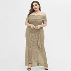 Dress New Design Fashion Elegant 1 Shoulder Plus Size Gold Long Lace Evening Dress