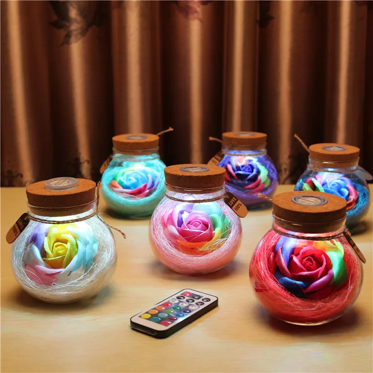 DD438 Valentine's Day Girls Gift LED Lamp In Glass  Wishing Bottle Artificial Flower Infinity Soap Rose Home Decoration