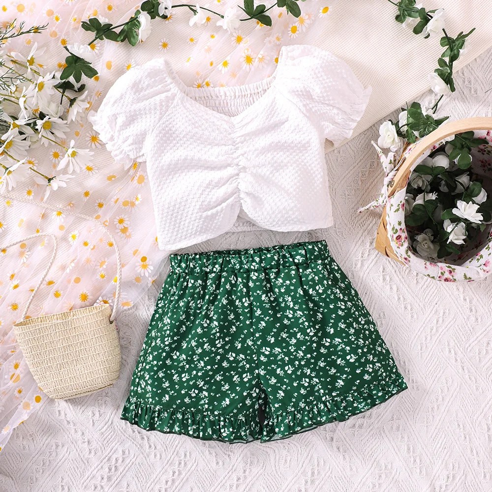 Korean style toddler little girls clothing bubble sleeve tops+floral shorts two piece new fashion girls clothes for summer