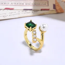 Fashion Square Zircon Open Ring 18k Gold Women's Pearl Ring Geometric Branch Jewelry Accessories Gift