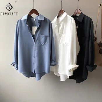 Wholesale Loose White Satin Shirts for Women Fashion Pocket Casual Solid Clothes Plus Size Office Lady Tops 2022 New Blouse