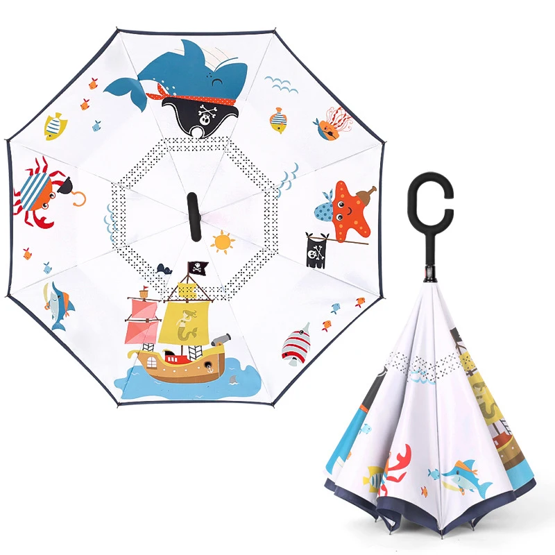 ZD072 Double Layer Hands Free Inverted Umbrella Kids UV Sun Car Umbrella C Type Handle Kids Reverse Open Folding Umbrellas