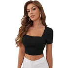 2021 Women Crop Top Square Neck Zip Back Crop Denim Top For Women