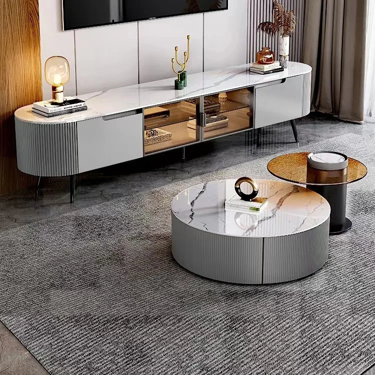 Living Room Furniture Modern Design Marble Center Table Tv Cabinet Set Rock Slab  TV Stand Side Cabinet Round Center Table Set