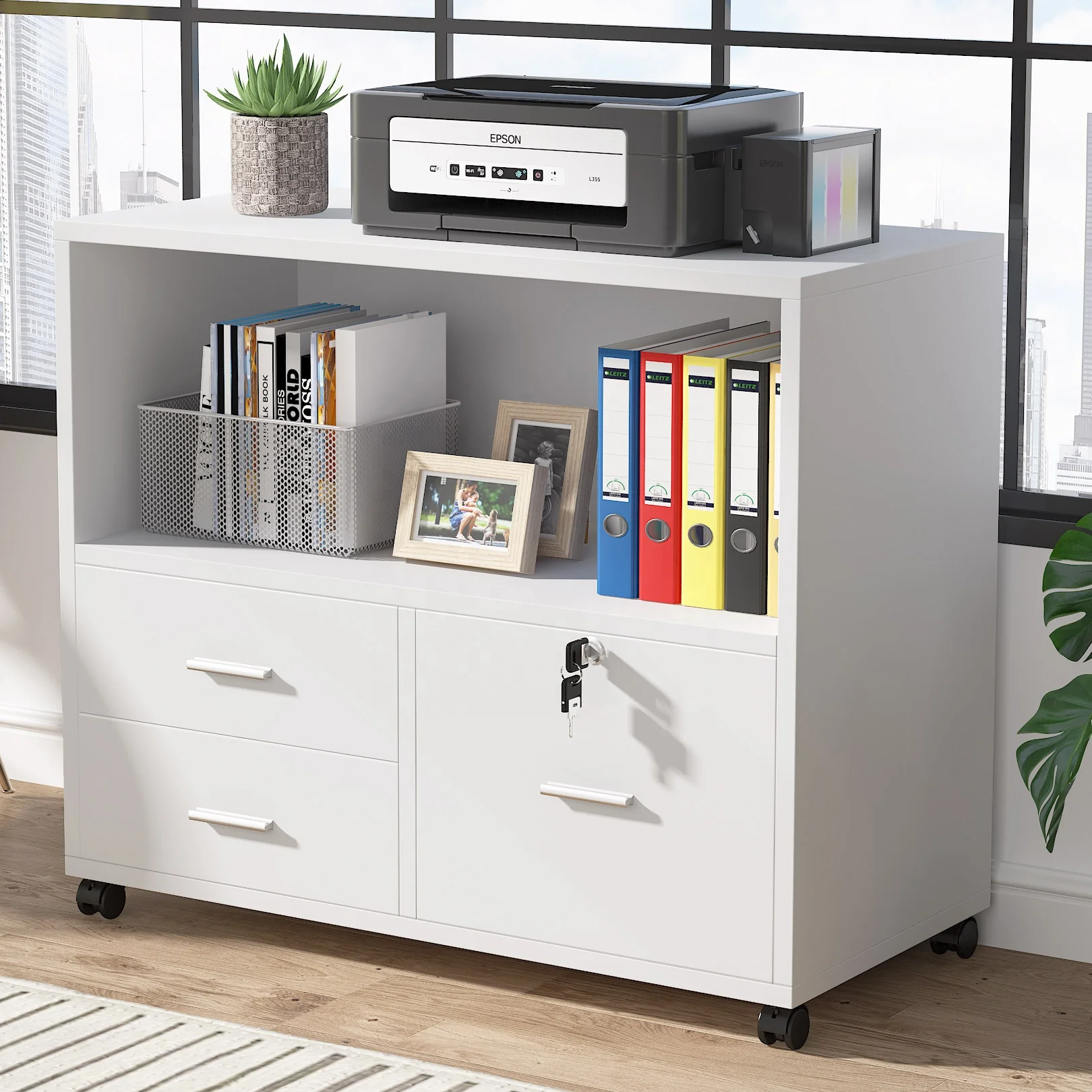 Tribesigns White 3 Drawer File Cabinet with Lock and Large Printer Stand with Open Storage Shelves for Home Office