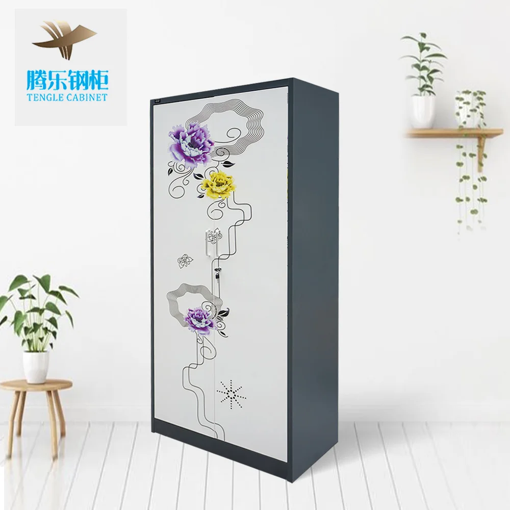 Pattern Printing Designs Bedroom Steel Flower Printing 2 Doors Wardrobe Steel Almirah Wholesale