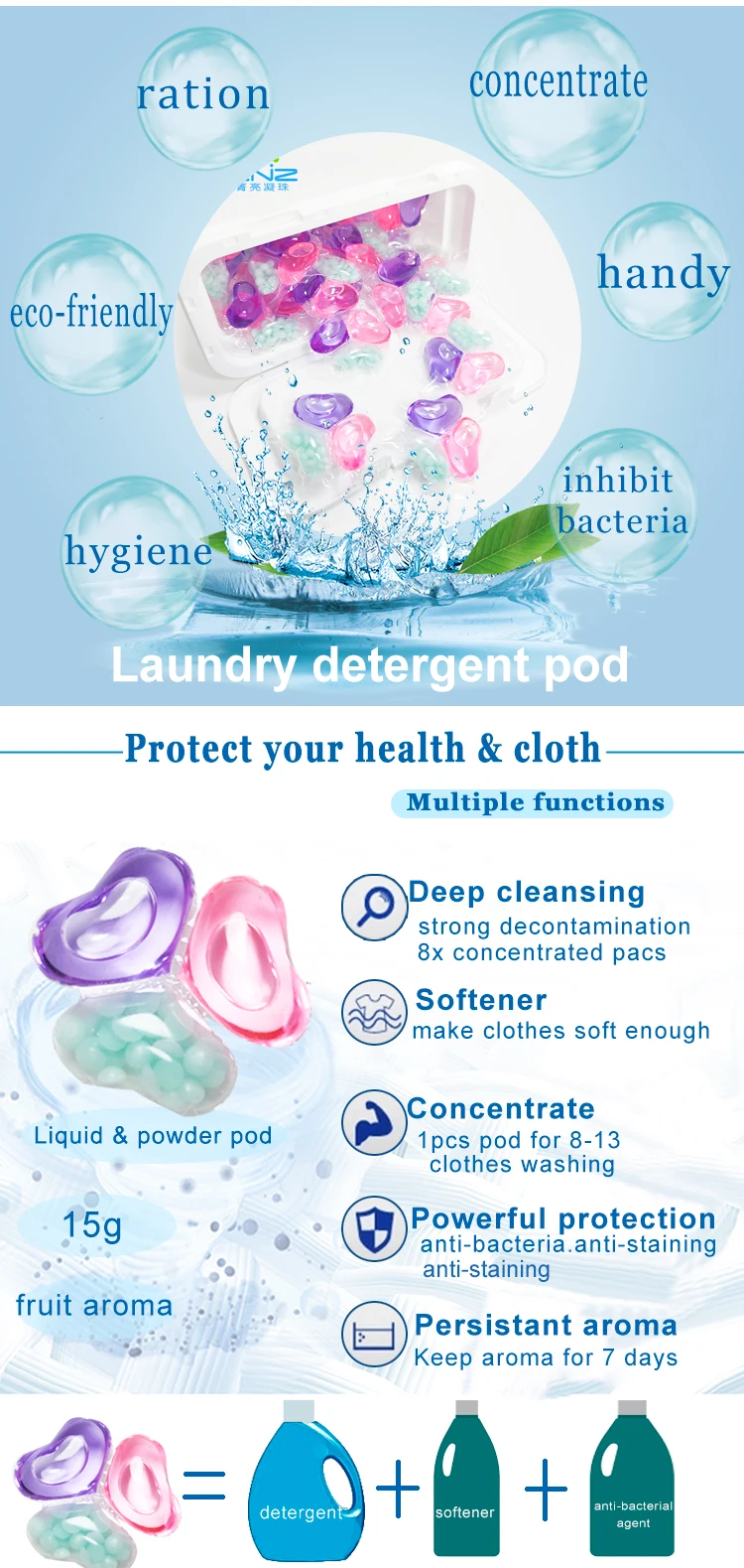 15g 3 in 1 baby clothes laundry soap anti bacteria laundry detergent wholesale price liquid pod eco clean detergent
