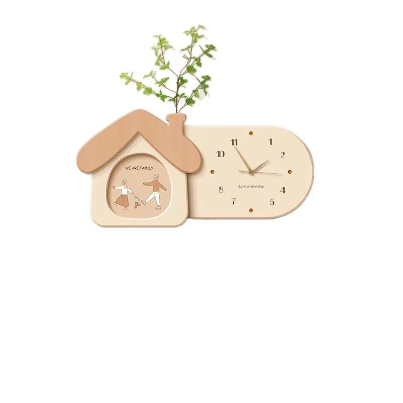 Wooden Family Wall Clock House Shaped Silent Non Ticking With Plant Vase Minimalist Beige Home Decor Living Room Kitchen