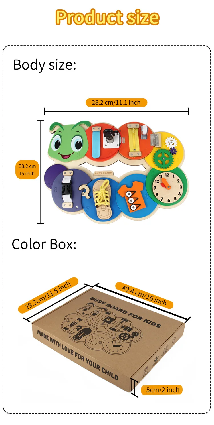 2023 Jouets en bois Autres jouets et loisirs Activité éducative Montessori Caterpillar Design Sensory Busy Board pour la fabrication des tout-petits