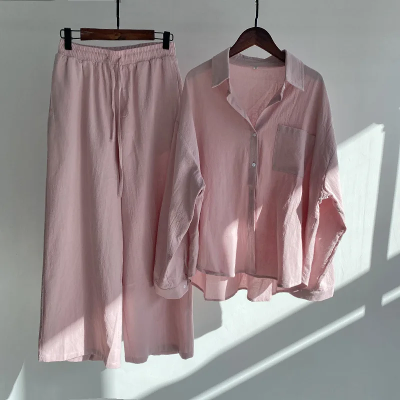 Women's Summer Casual Loose Cotton Linen Shirt Set Long Sleeve Blouse Top Coat Pocket and Straight Wide Leg Pant Home Wear manufacture