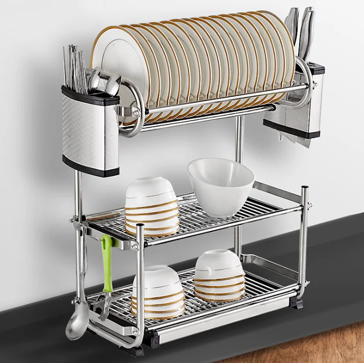 Wholesale 2 Tier Electroplate Eco Friendly 304 Stainless Steel Dish Rack Storage Holder Rack