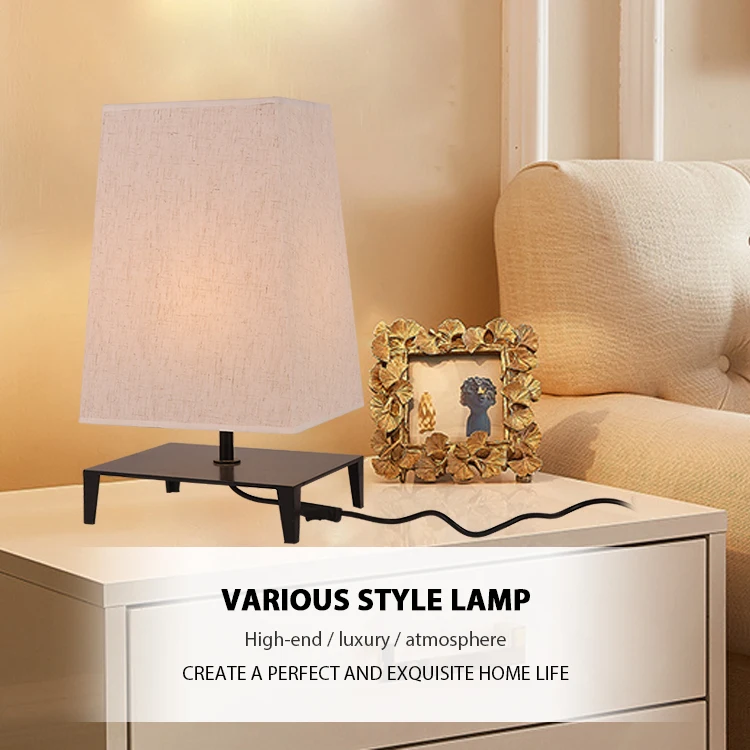 Nordic Decorative Square Fabric Shade Metal Base LED Table Lamp