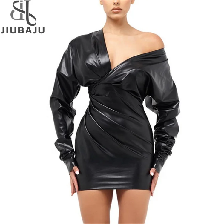 2023 Autumn Women Long Sleeve Pu Leather Bodycon Party Club Streetwear Mini Dress