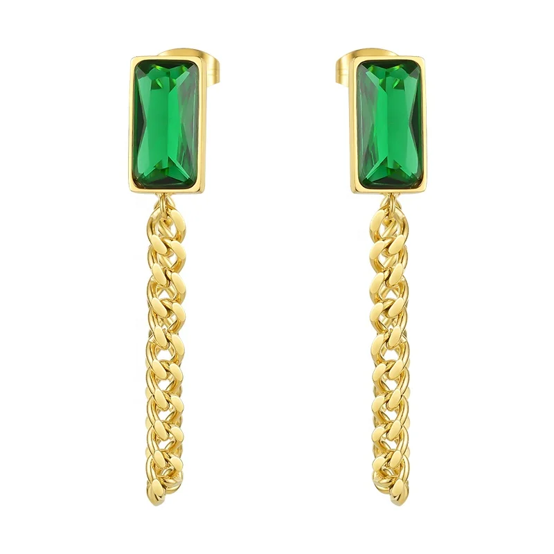 18K Gold Plated Stainless Steel Jewelry Long Green Square Diamond Tassel Cuban Chain Drop Earrings E201194