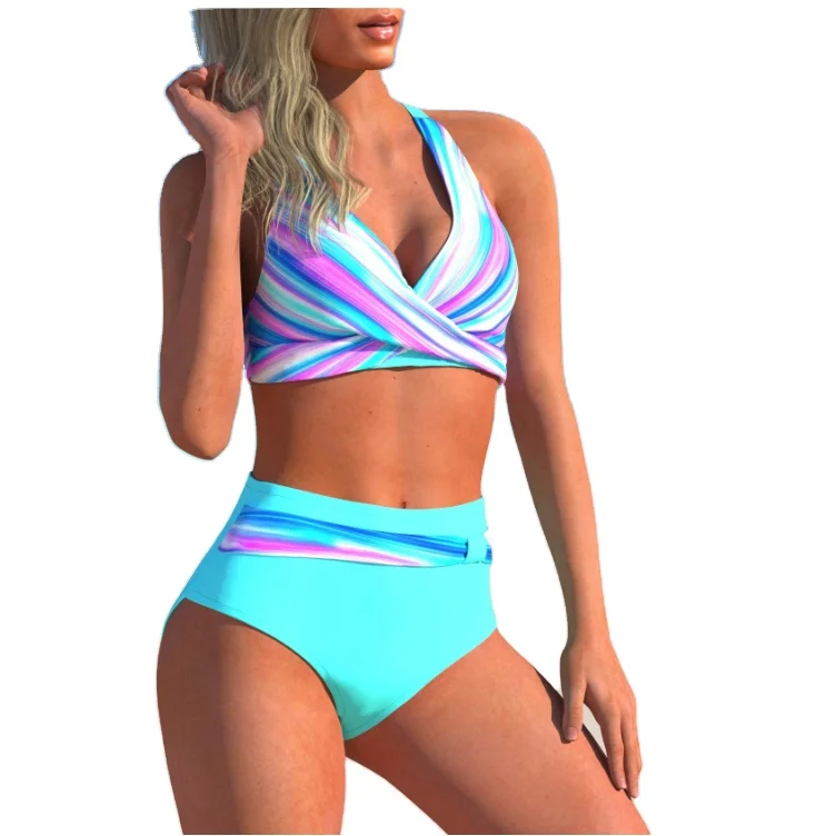 Plus Size Split Swimsuit bikini2023 Swimsuit New Triangle Rainbow Stripe Bikini Tie Top Swimsuit Set