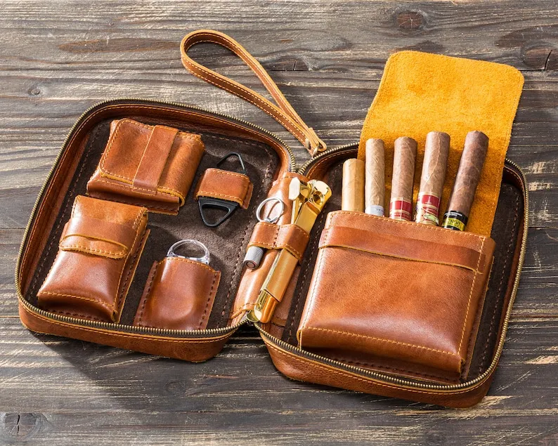 High End Gift Set Leather Cigars Holder Travel Carry Case Cigar Bag