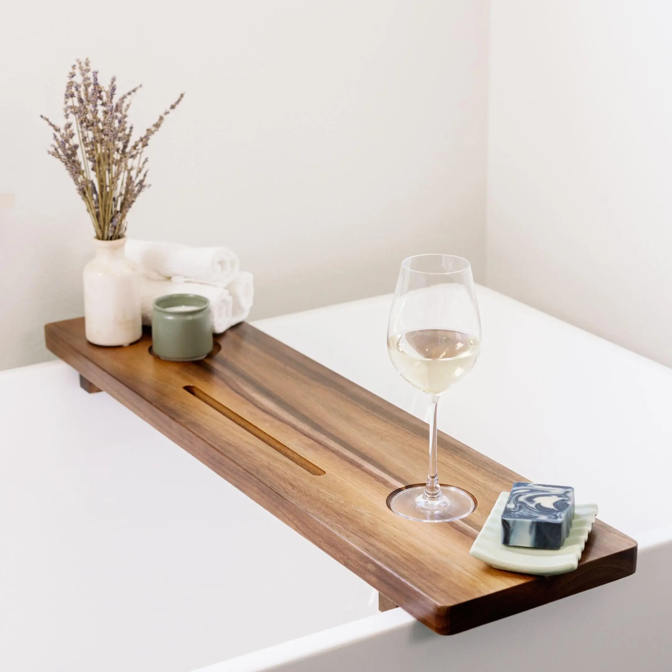 product premium acacia wood eco friendly traditional two piece lacquer finish bathtub caddy organizer serving tray fits all bath tubs-8