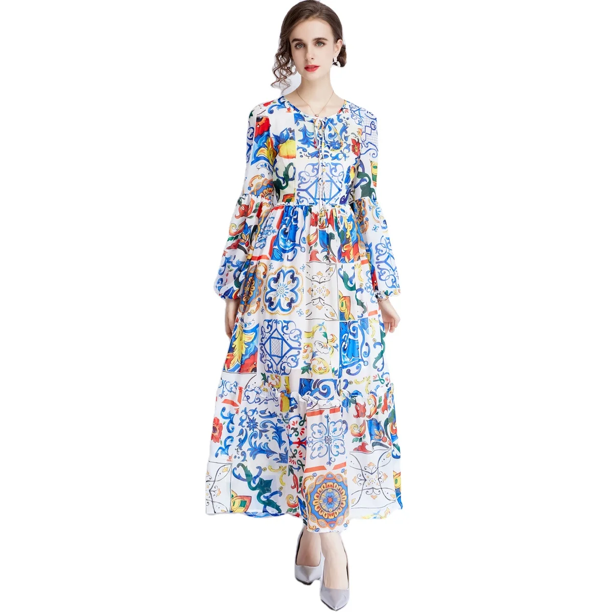 White Porcelain Print Maxi Dress 