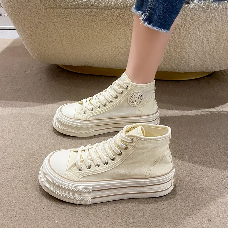 Wholesale custom breathable lady shoes thick bottom vulcanized sneakers high top laced canvas shoes