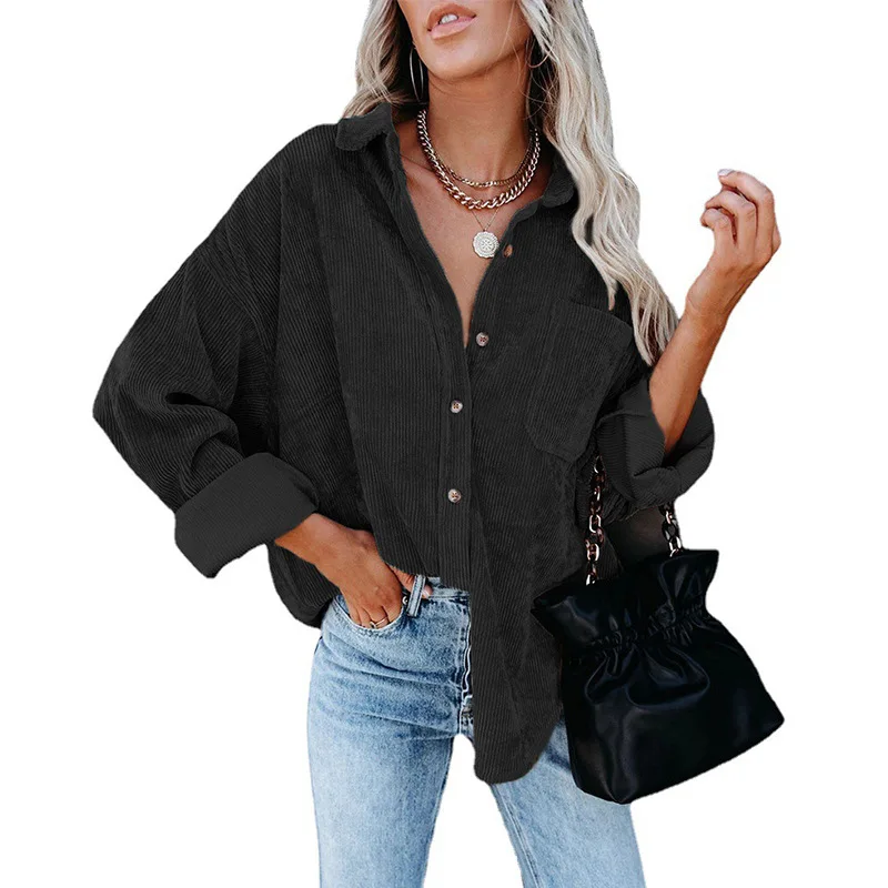 Women's Corduroy Casual Loose Pocket Long Sleeve Jacket and Coat Quick Dry for Winter with down Filling