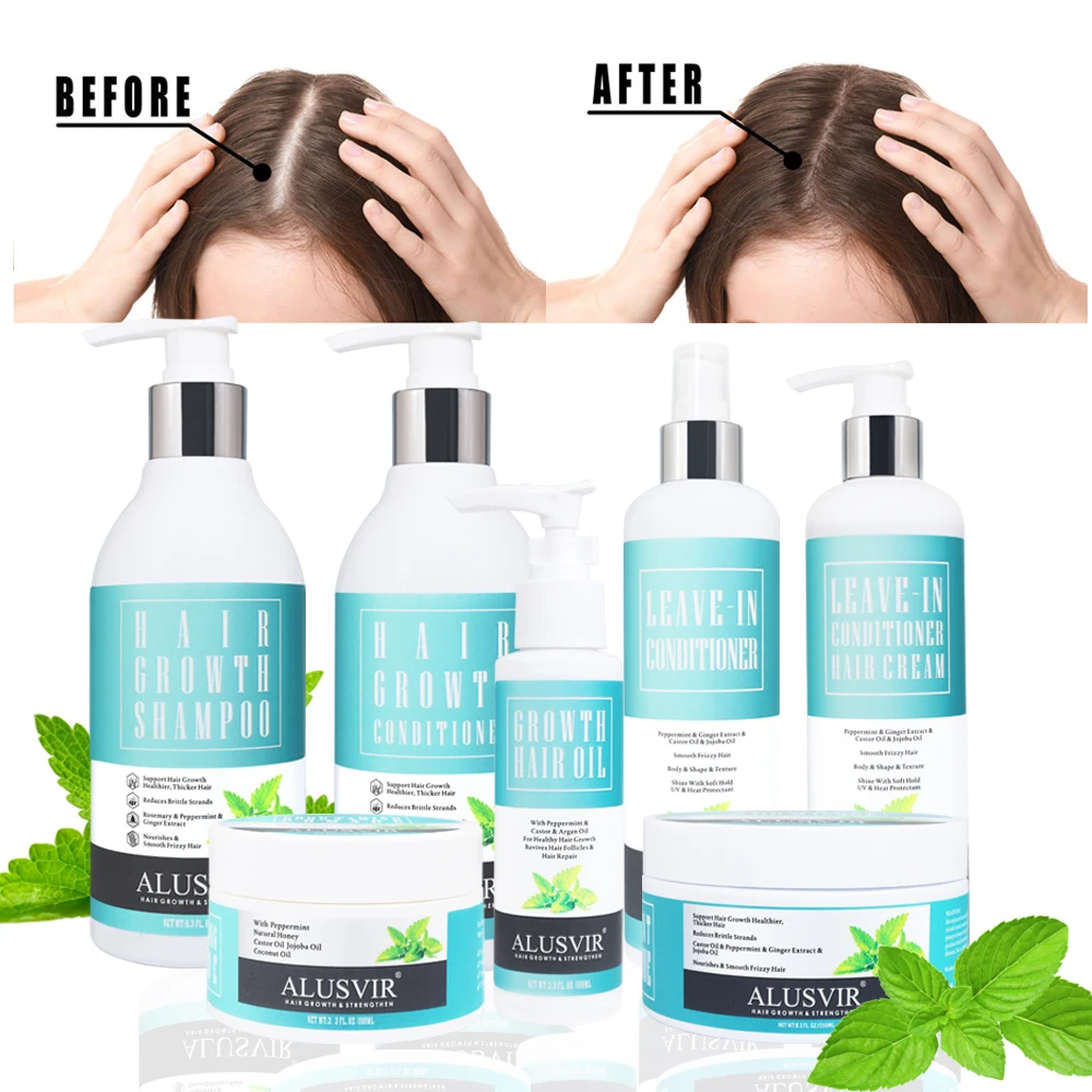 Wholesale Hair Care Kit Mint Hair Growth Oil Shampoo Conditioner Mask Leave In Conditioner Cream Edge Control Set Private Label