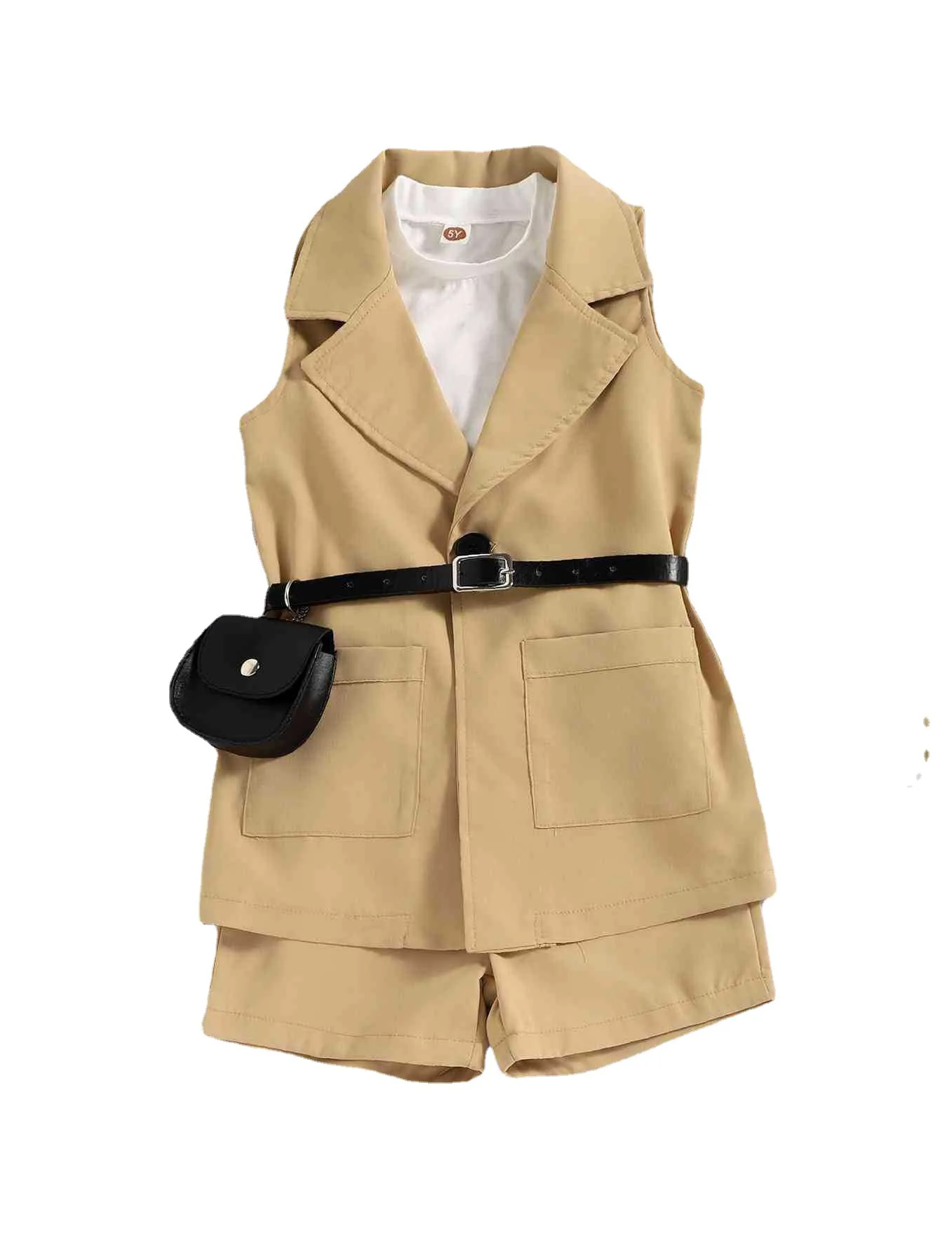 RTS 2023 summer boutique little girls clothes solid color vest lapel coat shorts waist bag toddler kids clothing 4pcs sets