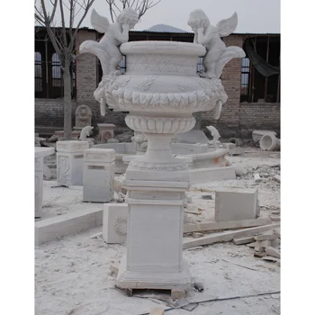 Tall Natural White Marble Garden Standing Flower Vase with Pedestal