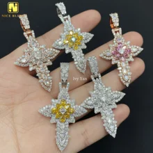 New Arrival Pear Cut Iced Out Custom Hip Hop Jewelry Pendant Cross Shape Flower 925 Sterling Silver VVS Moissanite Pendant