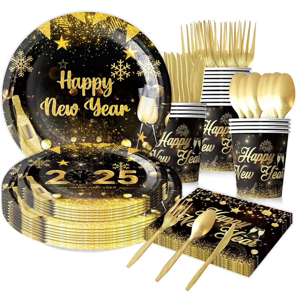 2025 New Year Party Decoration Set Disposable Paper Plates And Cups New Year Party Tableware Set