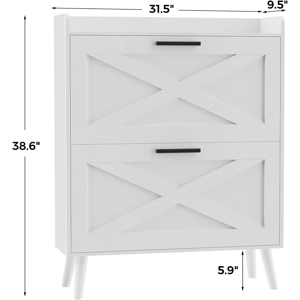 32\" Modern Farmhouse White Shoe Storage Cabinet 2 Flip Drawers Barn Door Design Adjustable Shelves Slim Narrow Shoe Rack factory