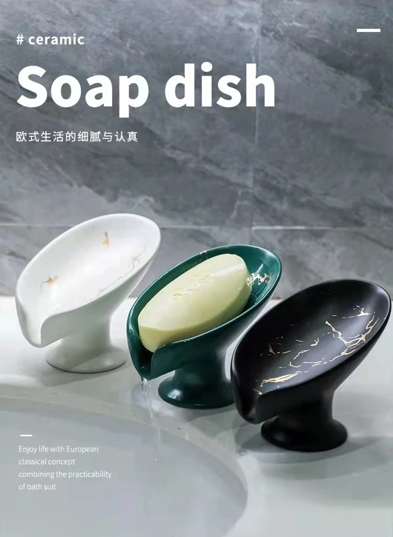 Ceramic Marble Look Leaf-Shape Self Draining Soap Holder Soap Dish for Bathroom Shower Kitchen Counter Top