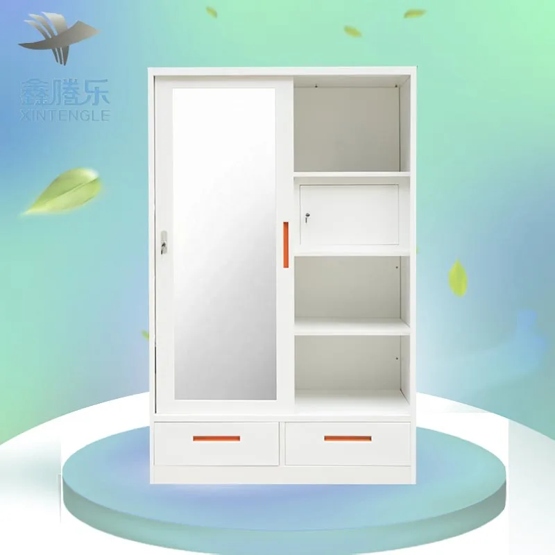 Sliding Anti-Rat Metal 2-Door Wardrobe Closet Bedroom Furniture with Lemari Cermin Pakaian Besi Steel Home Furniture