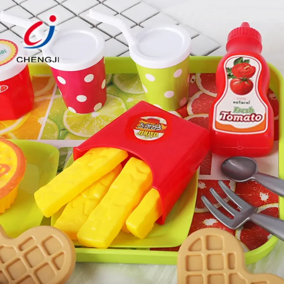 Chengji wholesale cheap plastic fast food toys kitchen pretend play food assembly burger hamburger shop toy set