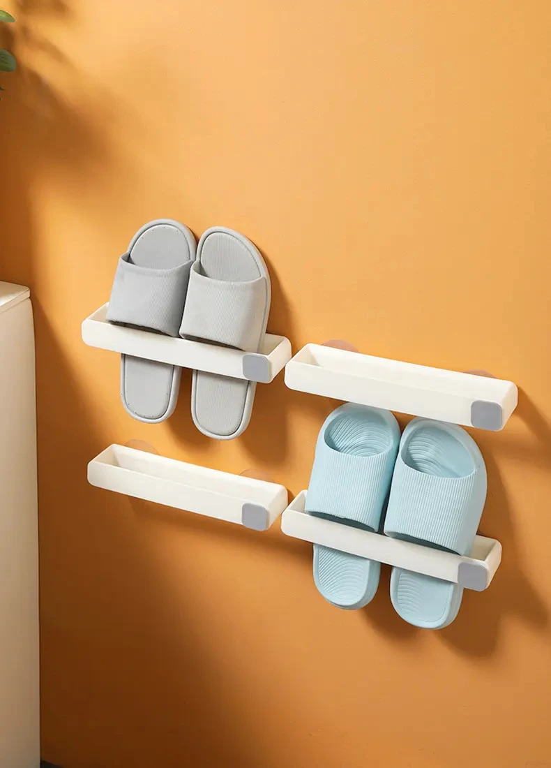 Sesame Wall Mounted Plastic Slippers Rack With Hooks Bathroom Multifunction Adhesive Towel Shelf