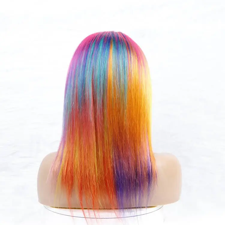 New Fashion Rainbow Color Transparent Lace Full Frontal Wig Colorful Seven Colors Ombre HD Lace Front Wig